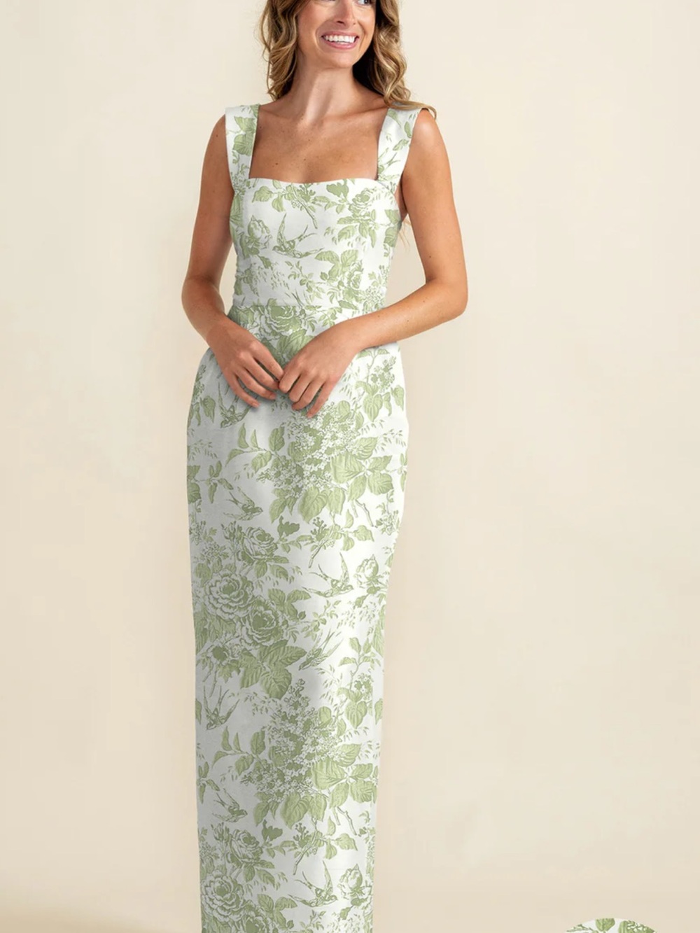 Square-Neck Floral Maxi Dress in Pale Green and White